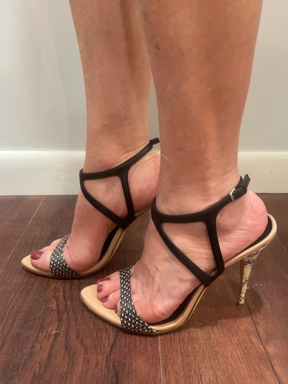 NARCISO RODRIGUEZ Black and Tan Ankle Strap Heels